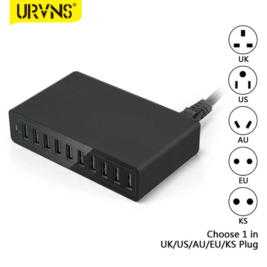 

Зарядное устройство URVNS USB, 10 портов, 60 Вт, многопортовый USB-зарядный концентратор, Настольная электростанция для iPhone X/8/7/6S/6 Plus/планшетов, iPad Pro/Air2