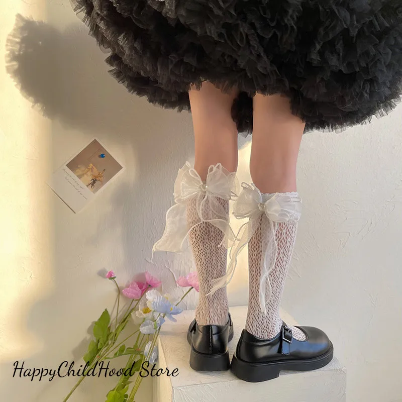 Baby Girl Knee High Sock Retro Lace Bow Calf Sock For Kid Summer Mesh Breathable Sock For