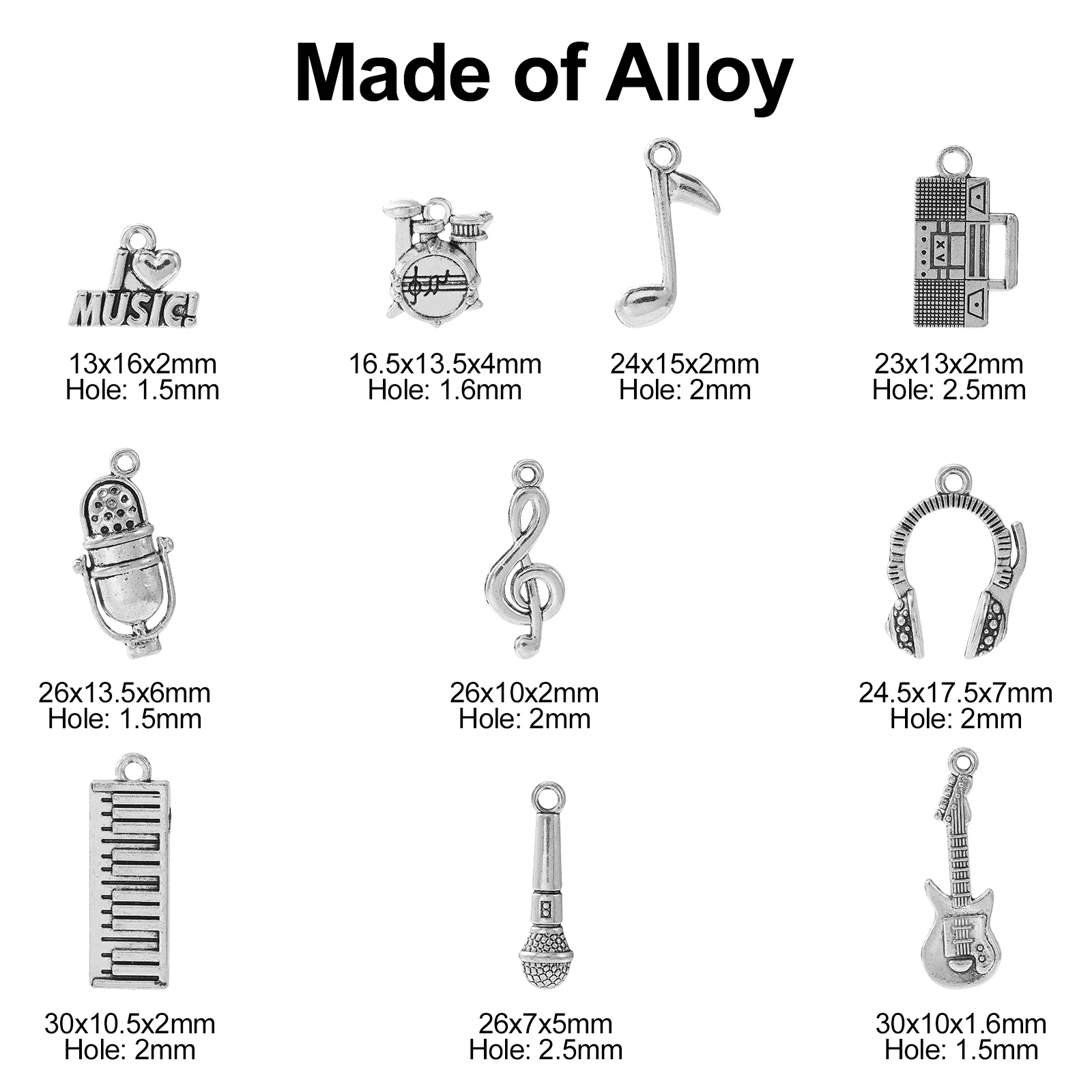 100Pcs 10 Styles Concert Theme Charms Tibetan Musical Instrument Charms Music Sign Guitar Charms for Jewelry Making Crafting