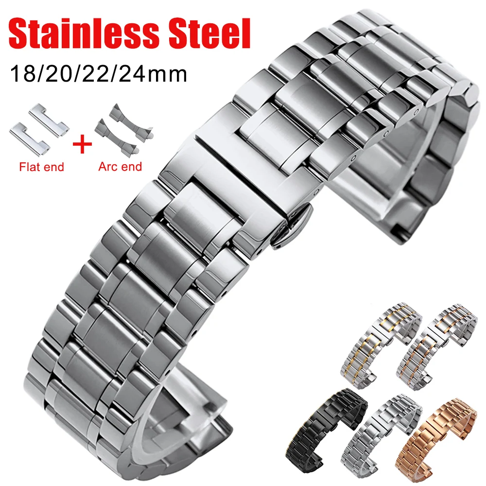 Curved End Stainless Steel Watch Band with Butterfly Buckle - Universal Wristband in Multiple Sizes