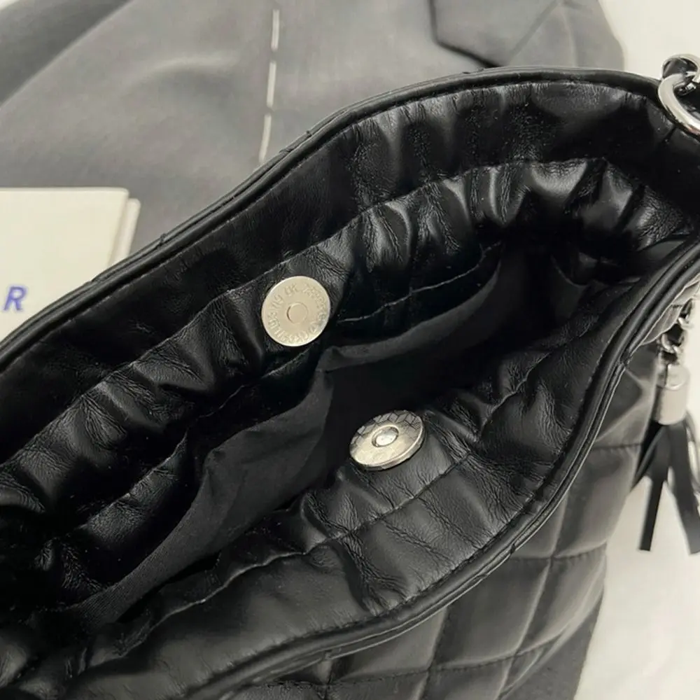 Pu Leather Rhombic Lattice Chain Shoulder Bag Check Tassel Crossbody Bag Underarm Bag Messenger Bag Drawstring Bucket Bag