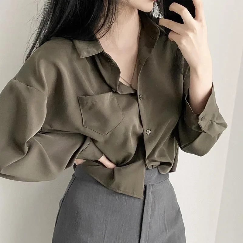 

Korean Style Vintage Shirts Women Spring All-match Fashion Lady BF Streetwear Soft Harajuku Chic Pure Casual Crops Design Blusas