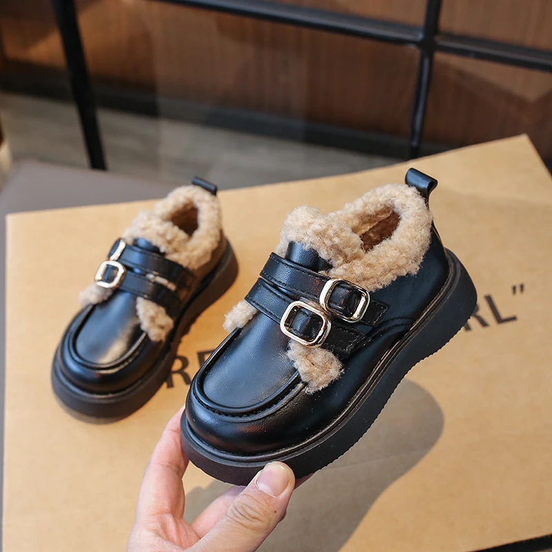Children Leather Shoes British Style Thick Bottom Girls Plush School Casual Loafers Warm Thicken Kids Cotton Shoes Autumn Winter