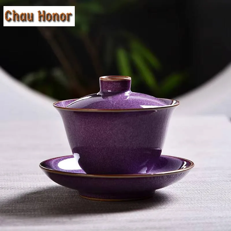120ml Ru Kiln Ice Cracked Glaze Gaiwan Ancient Porcelain Bowls Tea Lid Set Tea Tureen Tea Maker Cover Bowl Tea Items Collection