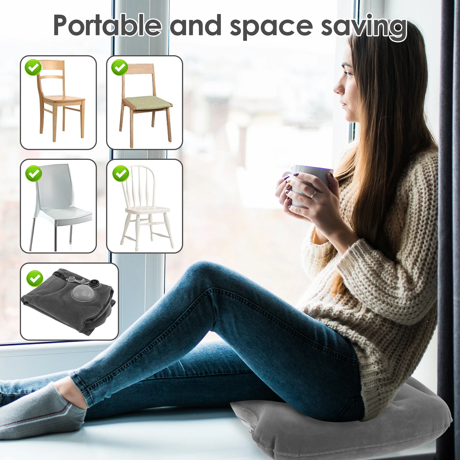 Office Inflatable Seat Cushion Flocked PVC Chair Seat Cushion Double Air Valve Leak Proof Travel Pillow Portable Office Supplies