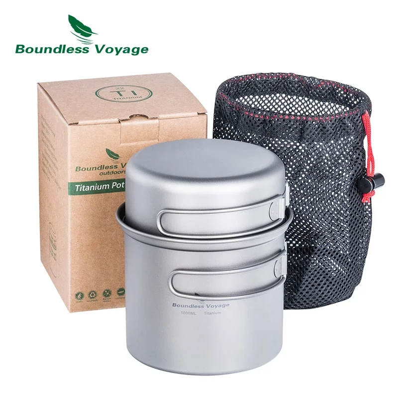 Boundless Voyage Ultralight Titanium Camping Cookware Set Outdoor Cooking Pot Bowl Backpack Picnic Tableware with Folding Handle for camping cookware, camping cookware set
