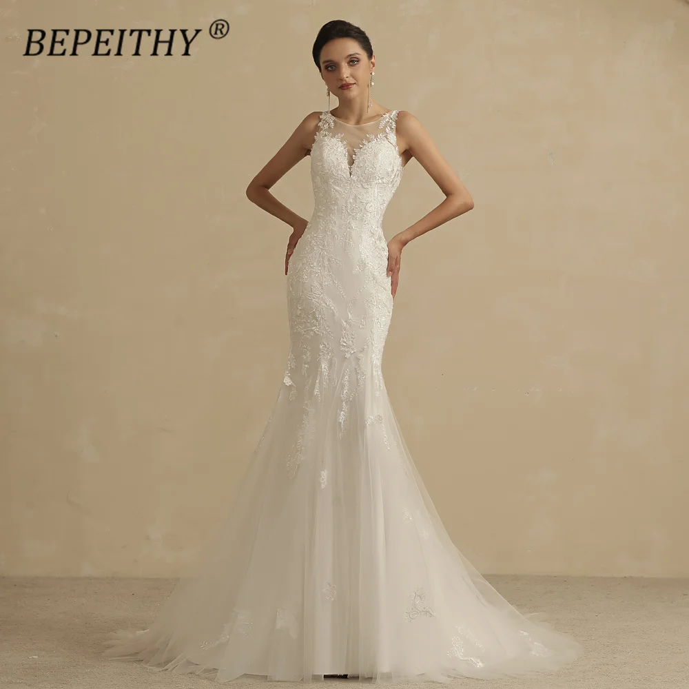 

BEPEITHY Ivory Mermaid Wedding Dresses Sleeveless For Women Bride White Lace Scoop Boho Bridal Party Gown Vestidos De Gala New