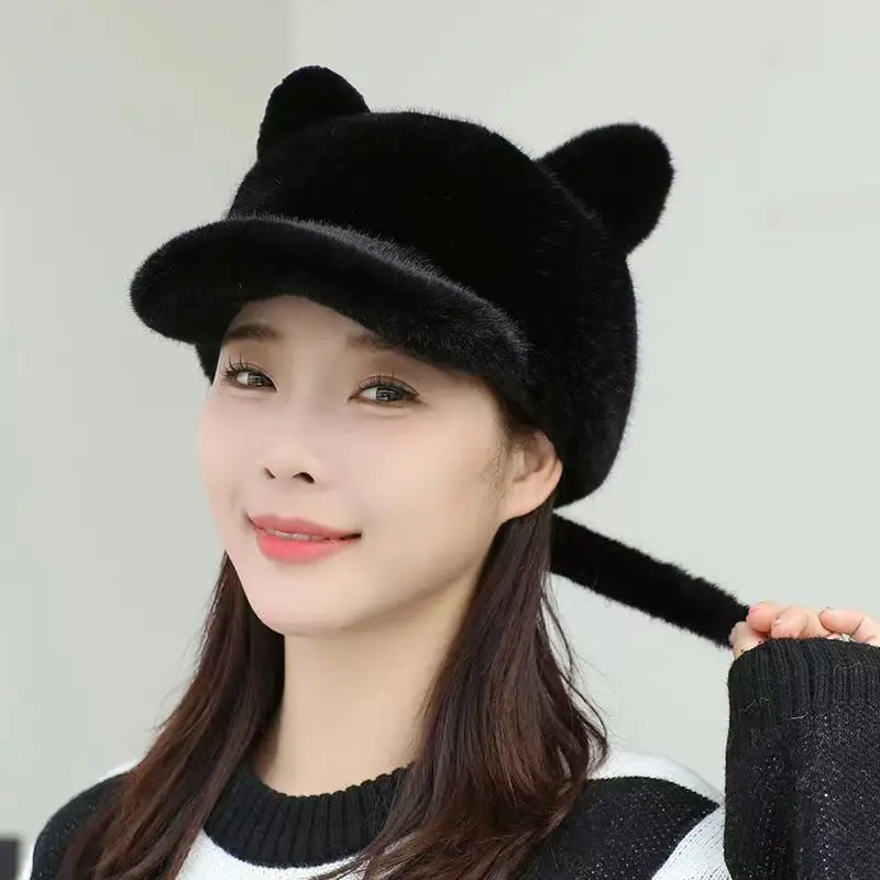 

Autumn and winter new imitation mink cat ear cap adjustable fur hat with tail