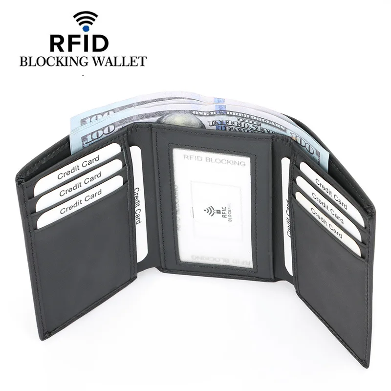 Genuine Leather Men Short Wallet Trifold Slim Pocket Bag Rfid Blocking Card Holder Business Purse Best Gift for Men