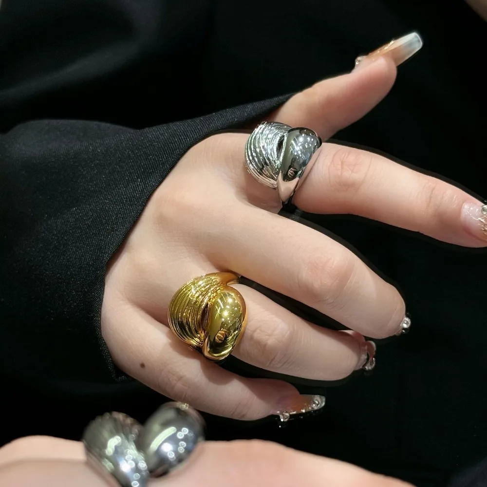 Vintage Texture Stripe Water Drop Stainless Steel Ring Waterproof Adjustable Hollow Out Open Ring Trendy Jewelry Creative Gift