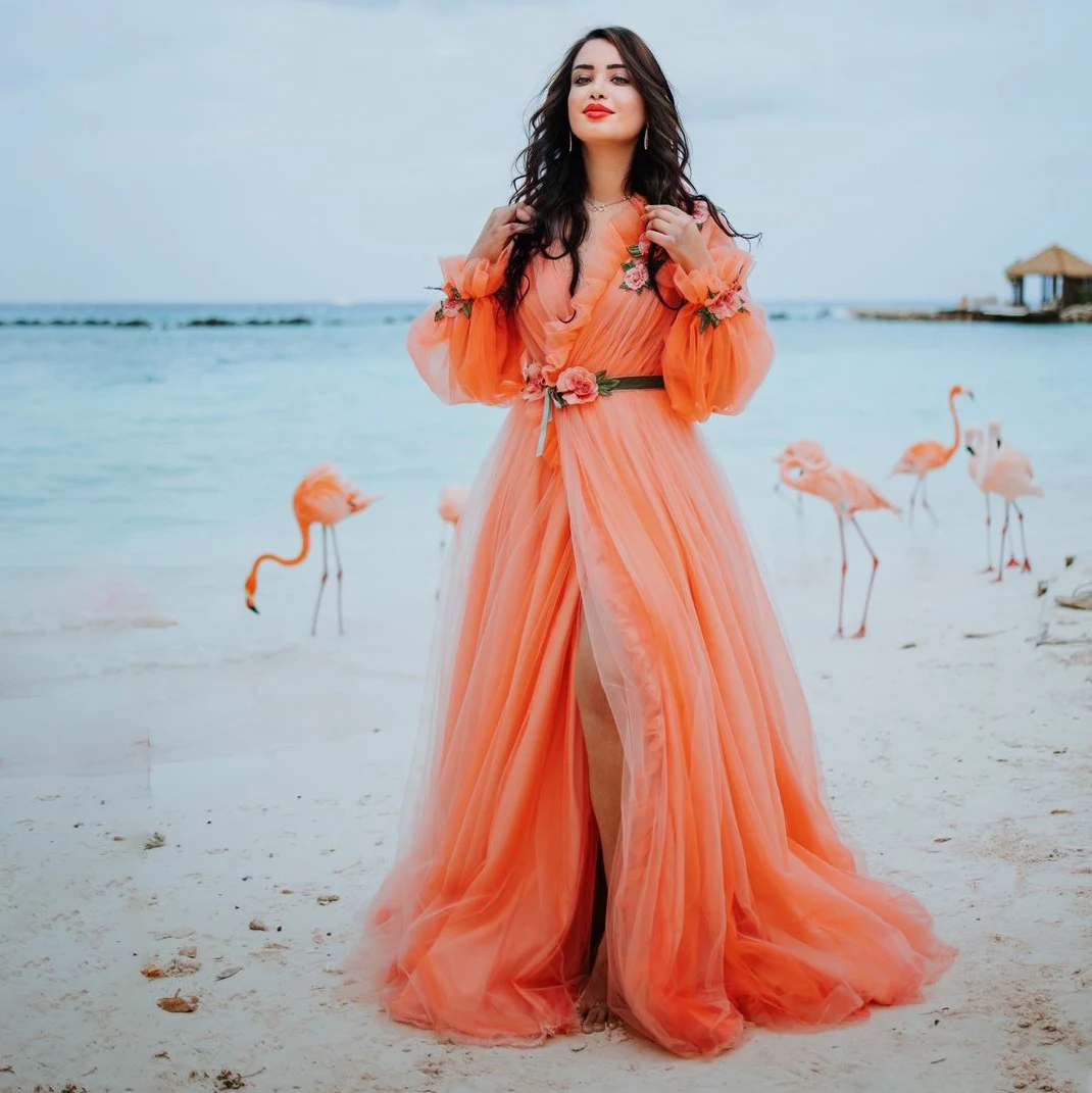

V Neck Ruched 3D Flowers Orange Evening Cocktail Dress Custom Made High Split Long Puff Sleeves Ruffled Homecoming Prom Gown