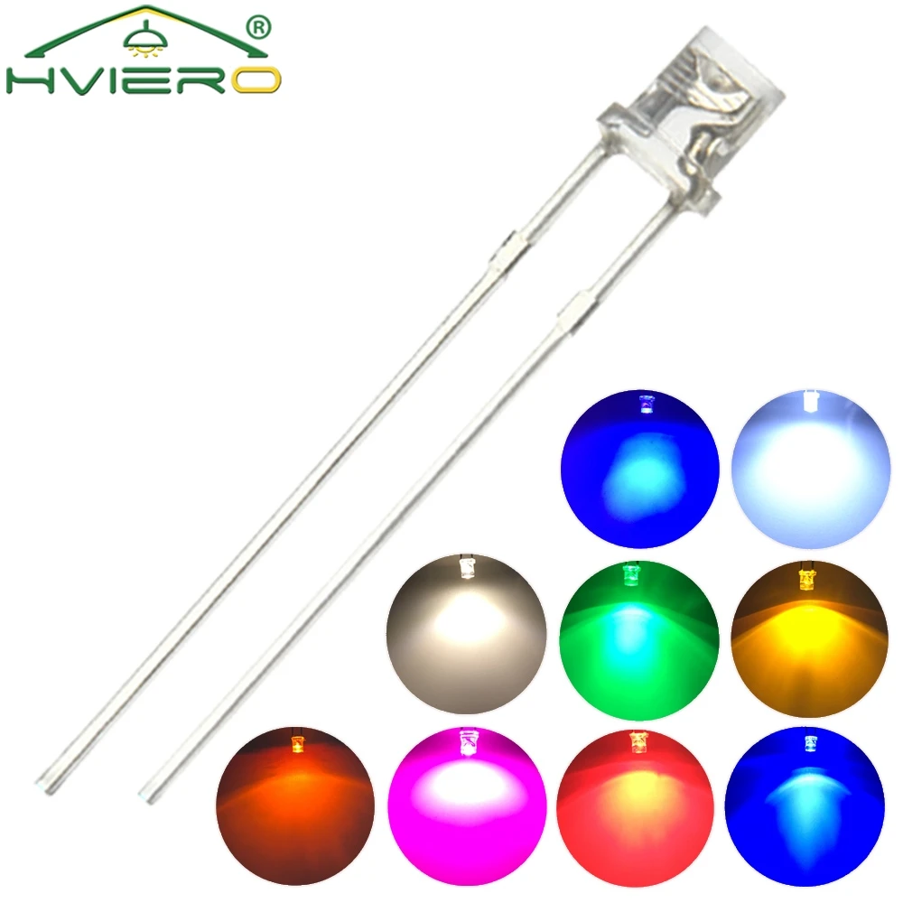 100Pcs-F3-3mm-2pins-Flat-White-Red-Yellow-Blue-Green-Pink-Diode-Led ...