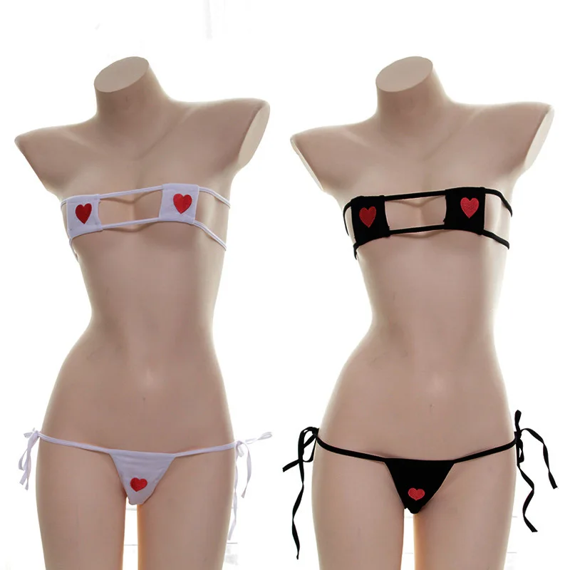 

Japanese Sexy Lingerie Lolita Kawaii Black and White Hearts Mini Bikini Adult Cosplay Erotic Costumes Bra Women Underwear Set