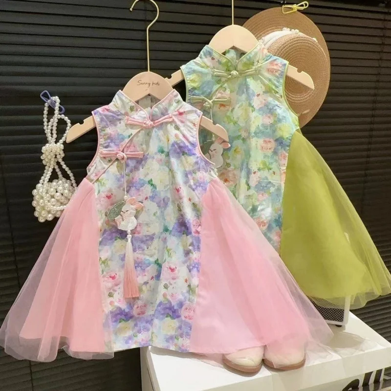 

Girls' Summer Dress2024Children's Improved Antique Ink Painting Stand Collar Oblique Buckle Spun Yarn Princess Dress-WSNY