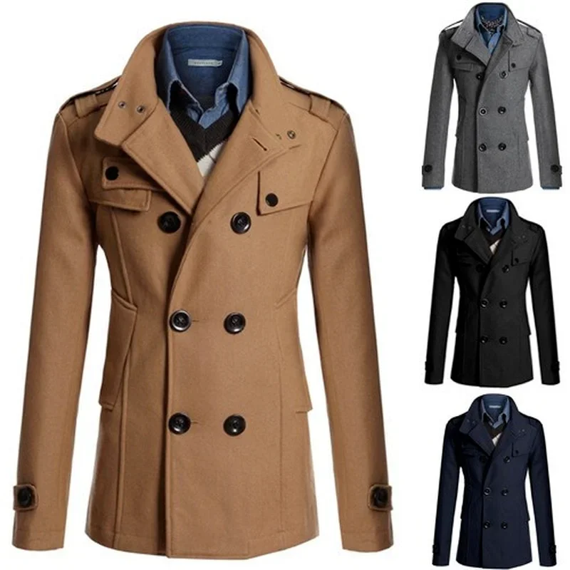 

Mens Double Breasted Cotton Coat 2024 New Wool Blend Solid Color Casual Business Fashion Slim Trench Coat Jacket Mens Clothing