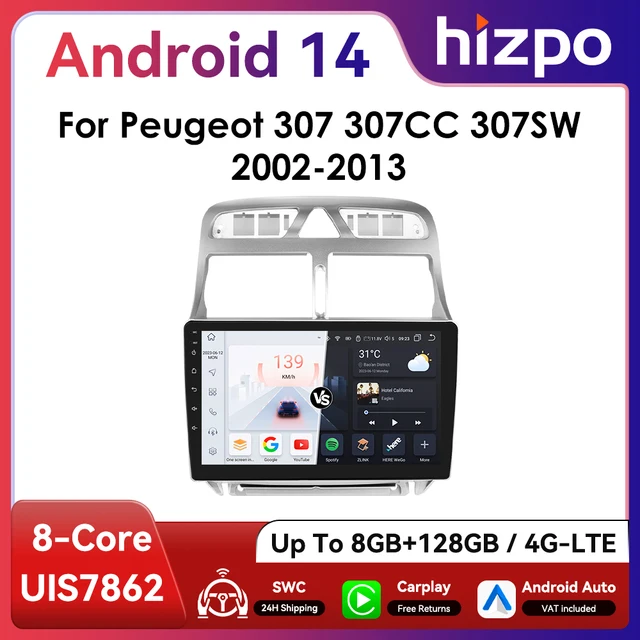 Hizpo-Autoradio CarPlay Android, Navigation GPS, RDS, DSP, 4G, BT, 2DIN, Limitation, 9 ", KIT 307, 307CC, 307SW, 2002 - 2013 1
