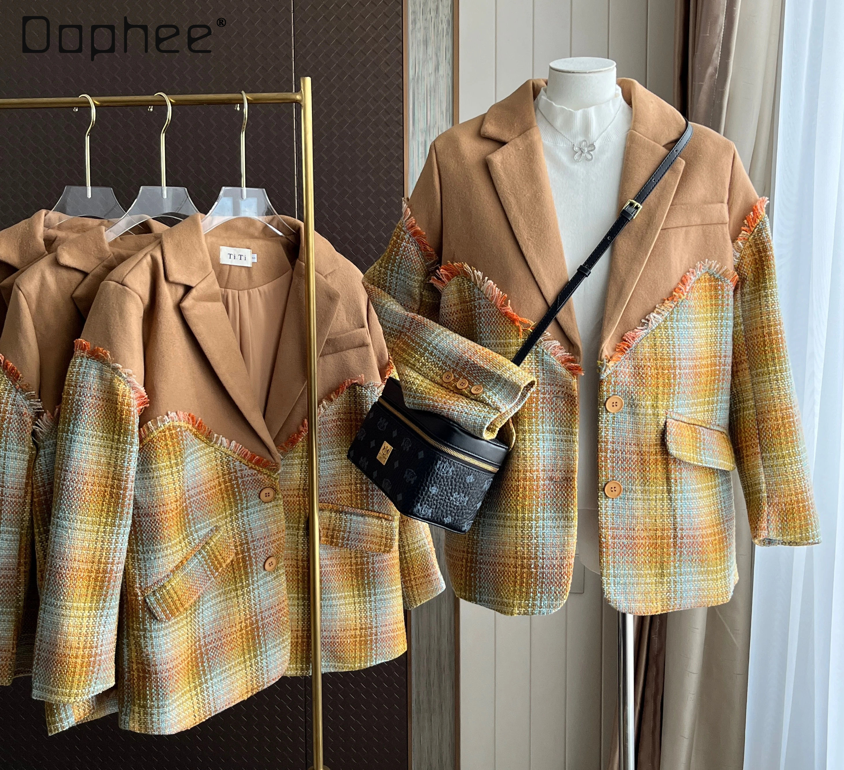 

Bleizer Femenino Elegante Plaid Patchwork Wool Mid-Length Suit Coat 2023 Autumn New Houndstooth Blazer for Women Elegant Stylish