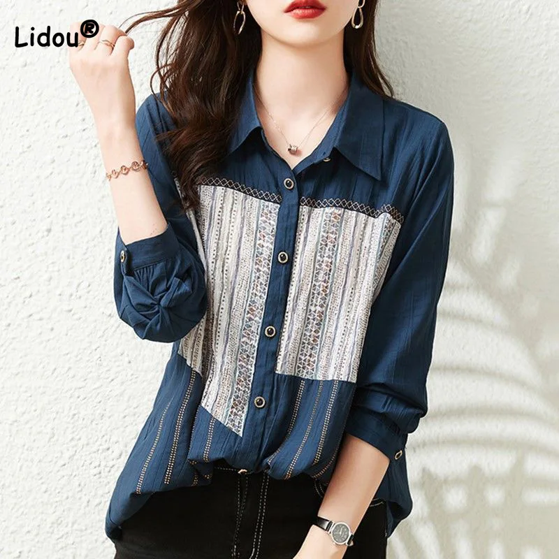 

Office Lady Spring Autumn Turn-down Collar Splice Button Blouse Vintage Printing Long Sleeve Slim Midi Shirt Women's Clothing