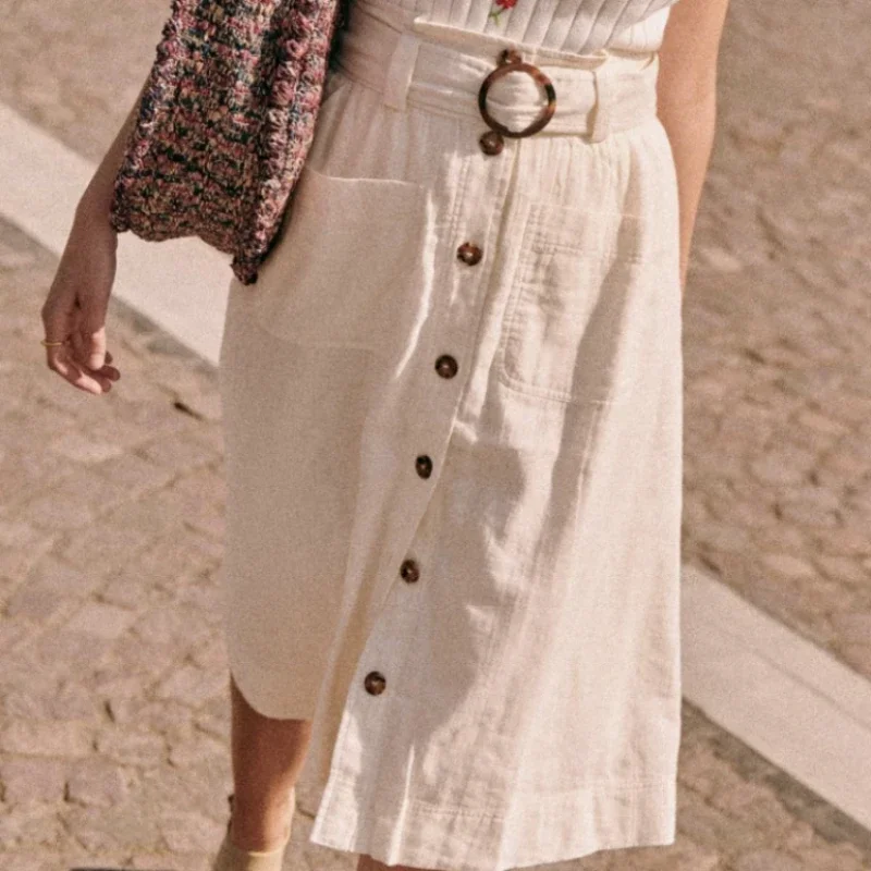 

Spring and Summer Cotton Yarn High Waist Single Breasted Knee Midi Belt Solid Color Skirt for Women