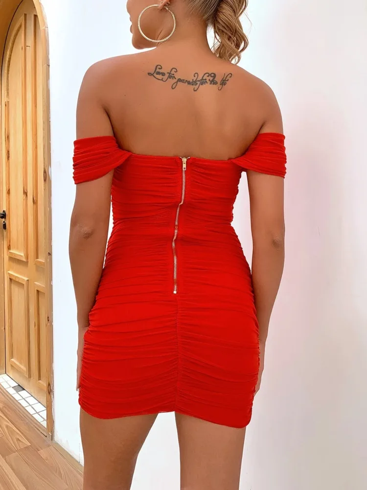 Joyfunear Draped Off Shoulder Ruched Dress Joyfunear Draped Off Shoulder Ruched Dress