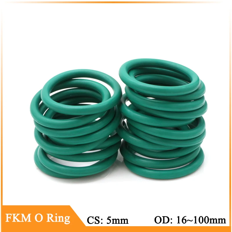 

5/10Pcs Green FKM O Ring CS 5.0mm OD16~100mm Sealing Gasket Insulation Oil Resistant High Temperature Resistance Fluorine Rubber