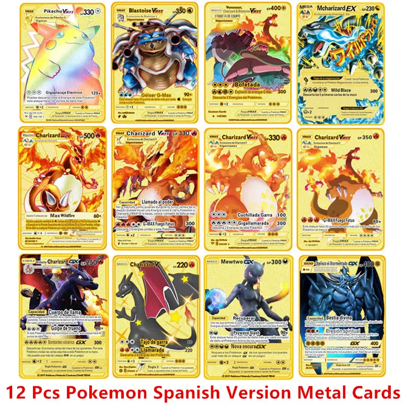 Pokemon Cards English Espanol Version 6-12 Pcs/Set Pokemon Metal Card Anime Figure Charizard Pikachu Battle Collection Carte Cards Toy Gifts game cards collectible cards anime cards anime trading cards