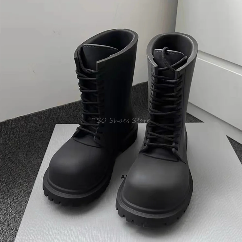 Thick Bottom Black Boots for Men 2023 New Women Derby Big Toe Lace Up Boots Chelsea Short Boots Brand Design Male Big Size 40-45