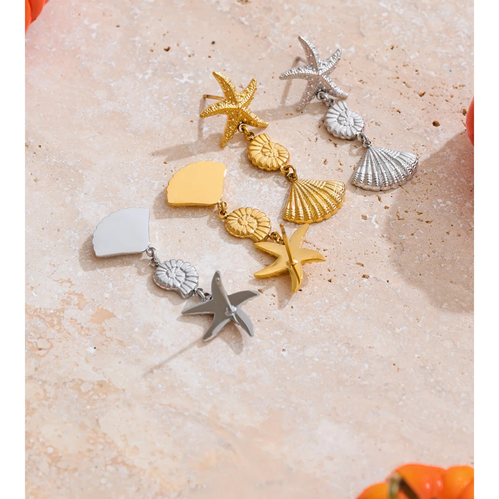 Yhpup Ocean Style Stainless Steel Metal Conch Shell Starfish Drop Earrings