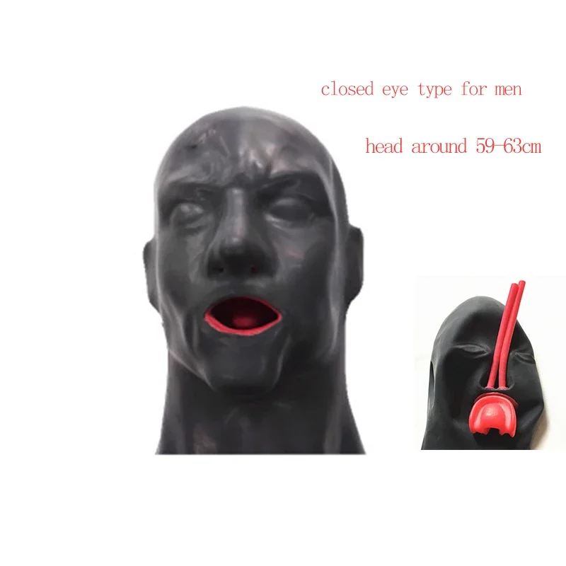 

Hot 3D Latex Hood Rubber Mask Closed Open Eyes Fetish Hood with Red Mouth Gag Plug Sheath Tongue Nose Tube Long Back Zip or Men