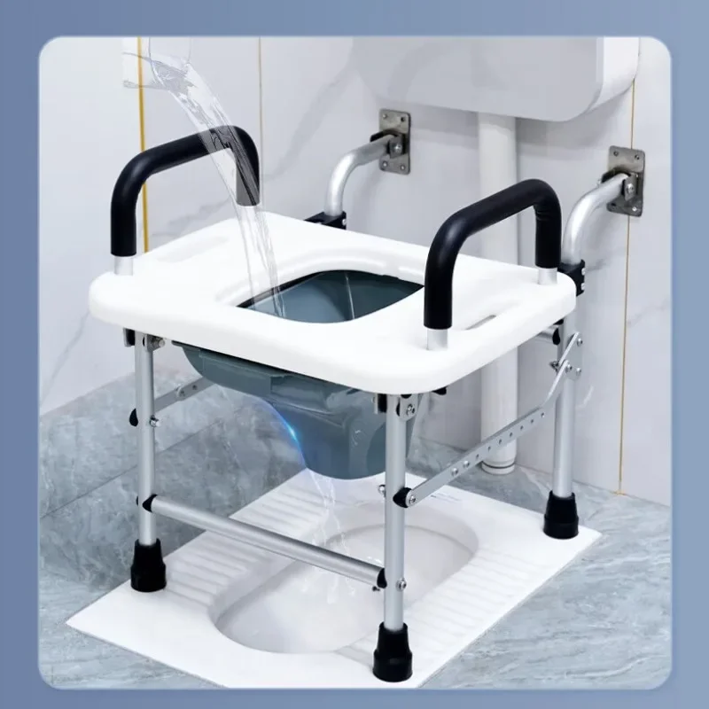 Commode Toilet Squat Toilet Converted To Toilet Seat, No Punching Foldable Elderly Bathroom Commode Chair for Disabled Armrest 6