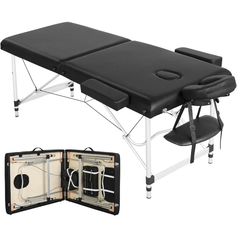 

Lightweight Massage Table with Aluminium Frame, 2 Fold Beauty Therapy Bed， w/Free Carry Case, Face Cradle, Arm Rests
