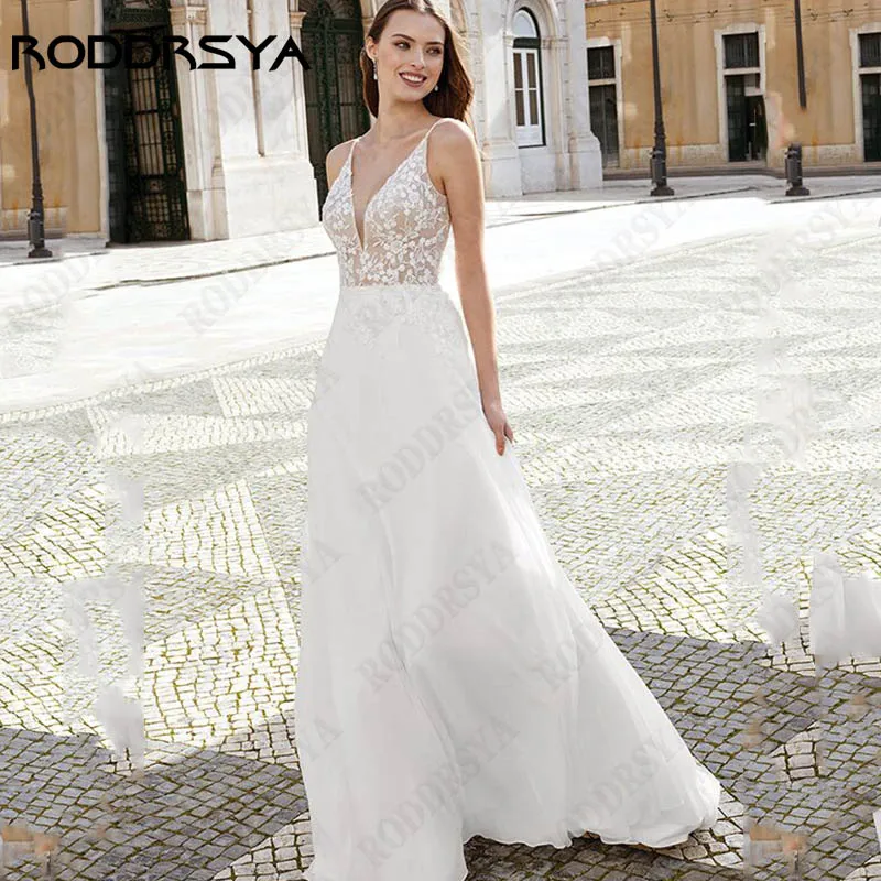 

RODDRSYA Elegant V-Neck Appliques Wedding Dresses Sleeveless Chiffon A-Line Bride Gowns Spagehtti Straps Open Back Robe De Marié