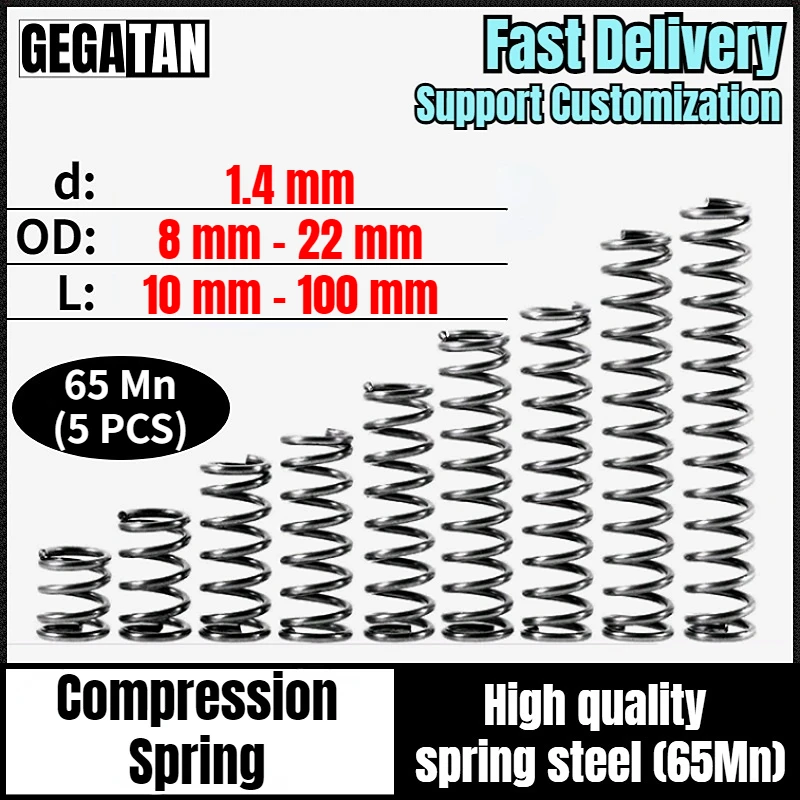 

65Mn Wire Diameter 1.4 mm Cylidrical Coil Compression Spring Return Compressed Springs Release Pressure Spring Steel Coils 5 Pcs