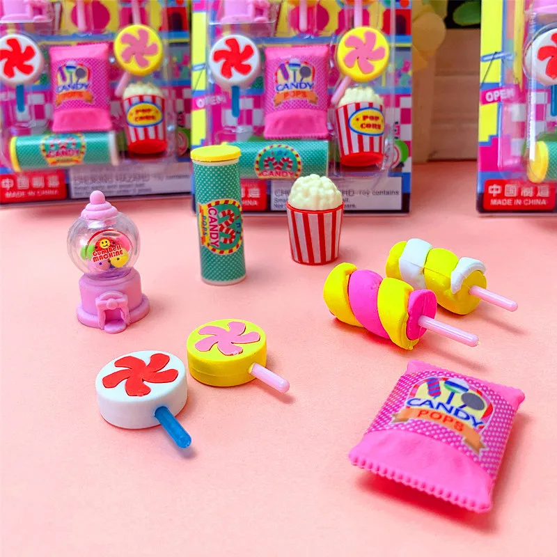 Cute Pupils' Stationery Cartoon Popular Candy Eraser Raffle Machine French Fries Lollipop Shape pencil eraser