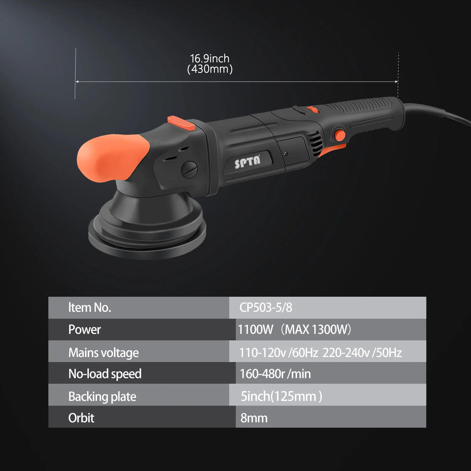 SPTA CP503 1100W Forced Dual Action Polisher 6 Speed Adjustable Car Care Polishing Tool Auto Detailing Polisher