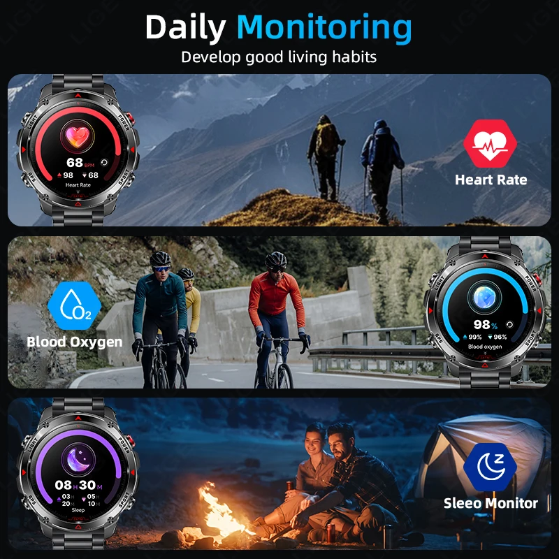 LIGE New GPS Smart Watch Men Women 3ATM Waterproof Sports Smartwatch LED Flashlight Compass Altimeter 540mAh BT Call Watches Men