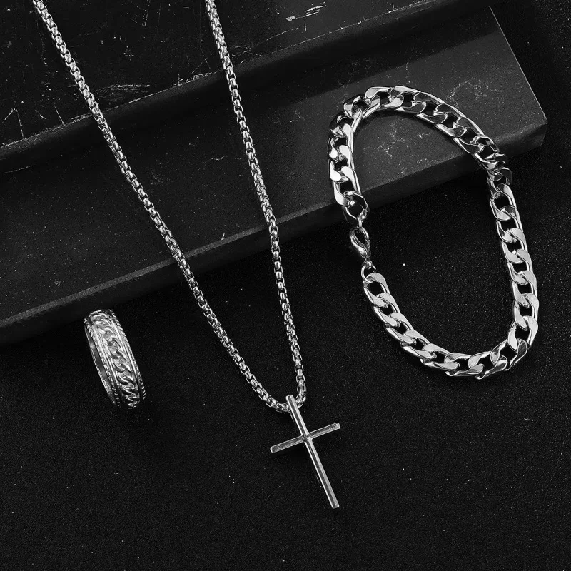 Punk Cross Pendant Necklace Bracelet Chain Ring Men's Jewelry Set jewelry sets jewelry set Simple Personality Hip Hop Party Three Piece Jewelry Accessories
