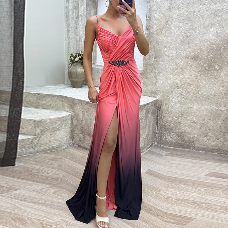 

2023 Women Banquet Spaghetti Strap Stitching Maxi Dress Fashion Sleeveless Gradient Slit Dress Sexy Print Party Evening Dresses