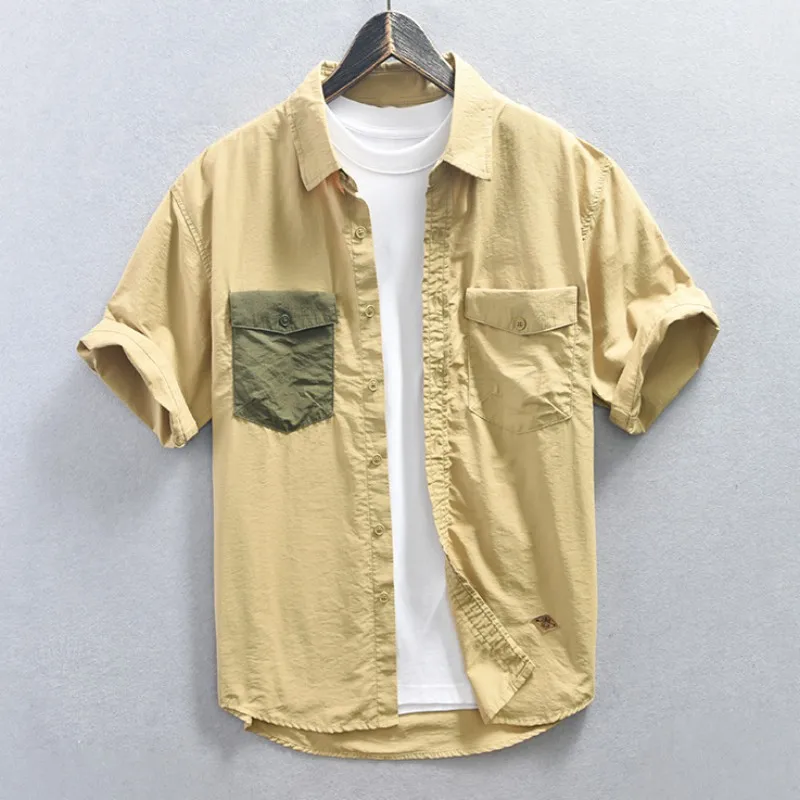 

Summer Men's Cotton Cargo Shirts with Pockets Short Sleeve Button Up Beach Blouses Turn-down Collar Comfortable Workwear Tops