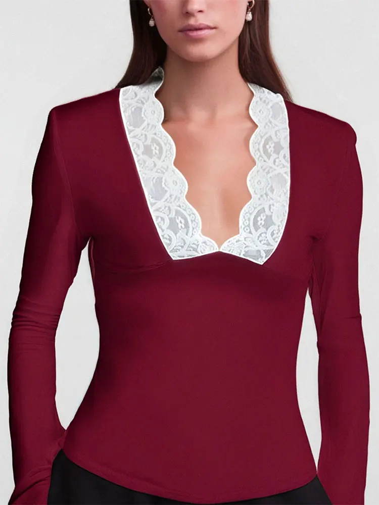 Spring New Women T-shirt Streetwear Fashion Long Sleeves Casual Slim Tees Black Sexy Lace Deep V-neck Elegant Lady Tees Clothing 5