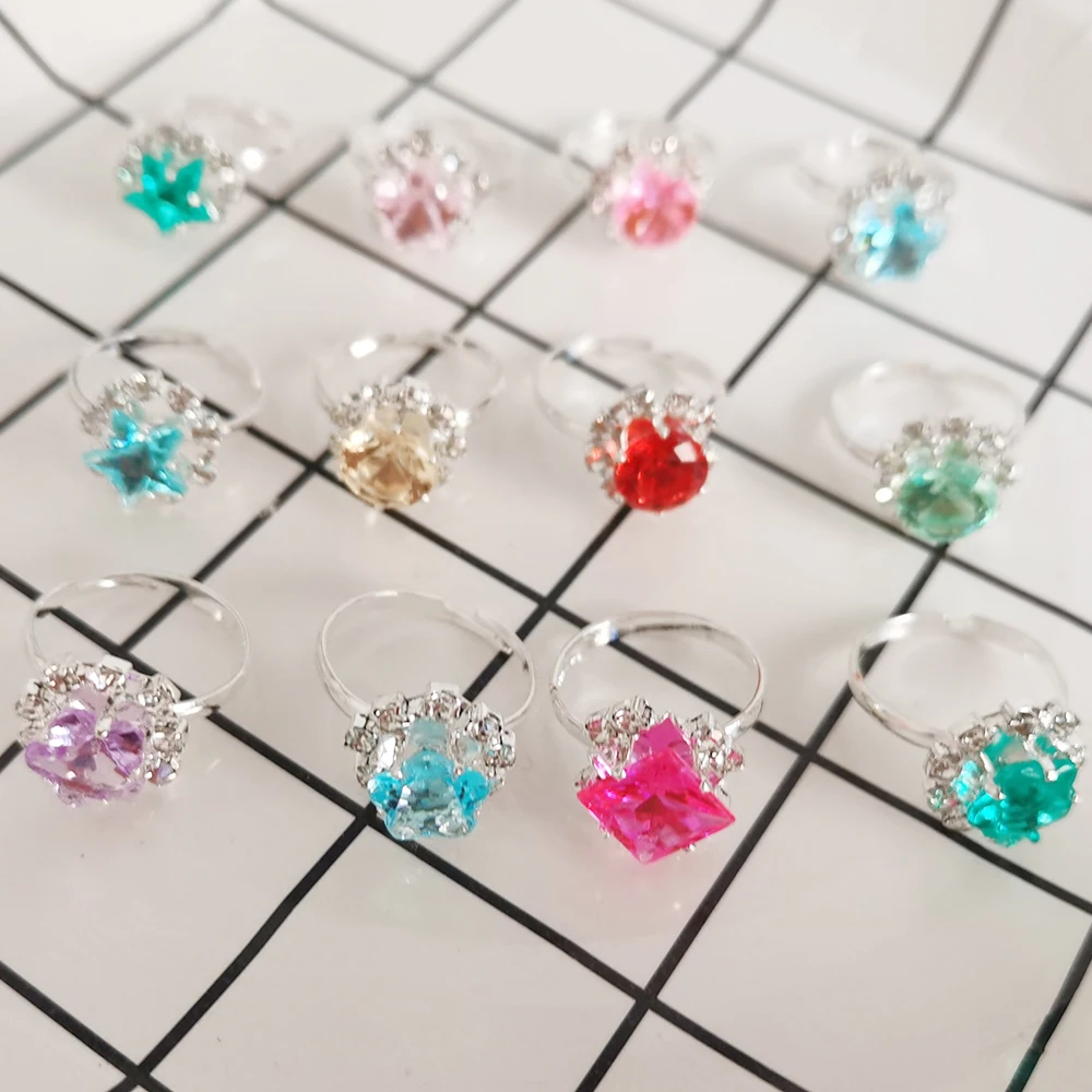 12/36PCS/set Adjustable Kids Crystal Rings Jewelry Heart Star Square Open Finger Ring For Children Girl Party Gift 5