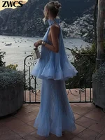 Costume élégant à ourlet à volants pour femmes, jupe plissée bleu clair, sans manches, gilet à lacets, jupe longue ample, tenue de printemps 2026 6