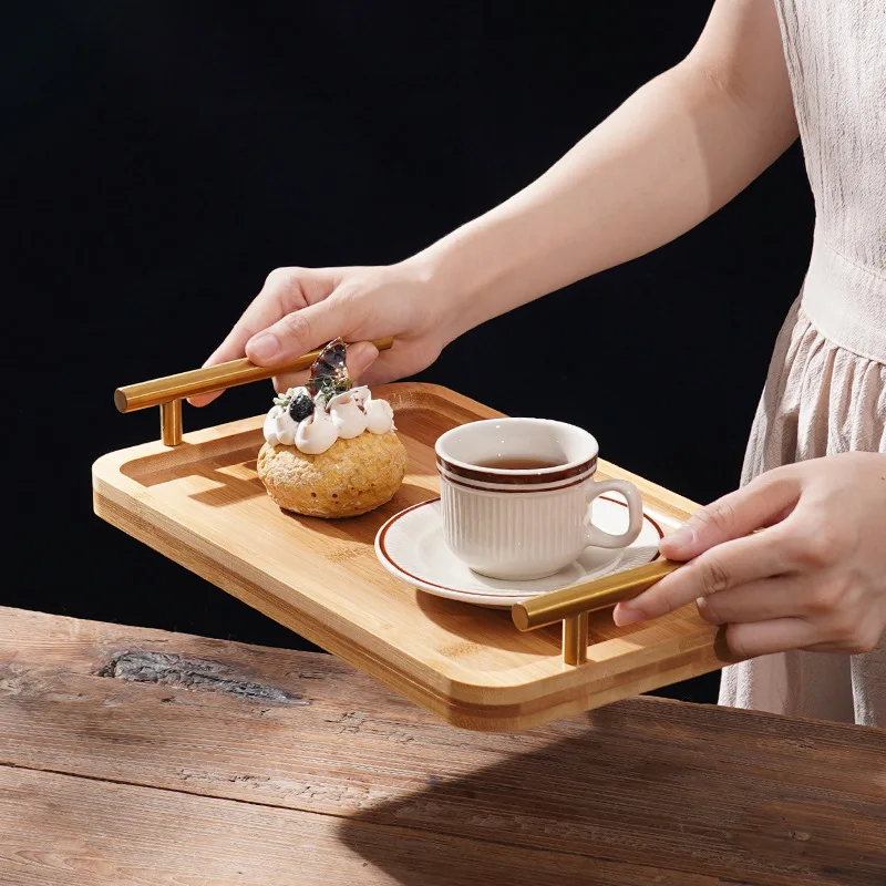 Wooden Tray with Golden Metal Handle for Water Cup Fruit Food Bread Sundries Serving Tray Household Organizer 2