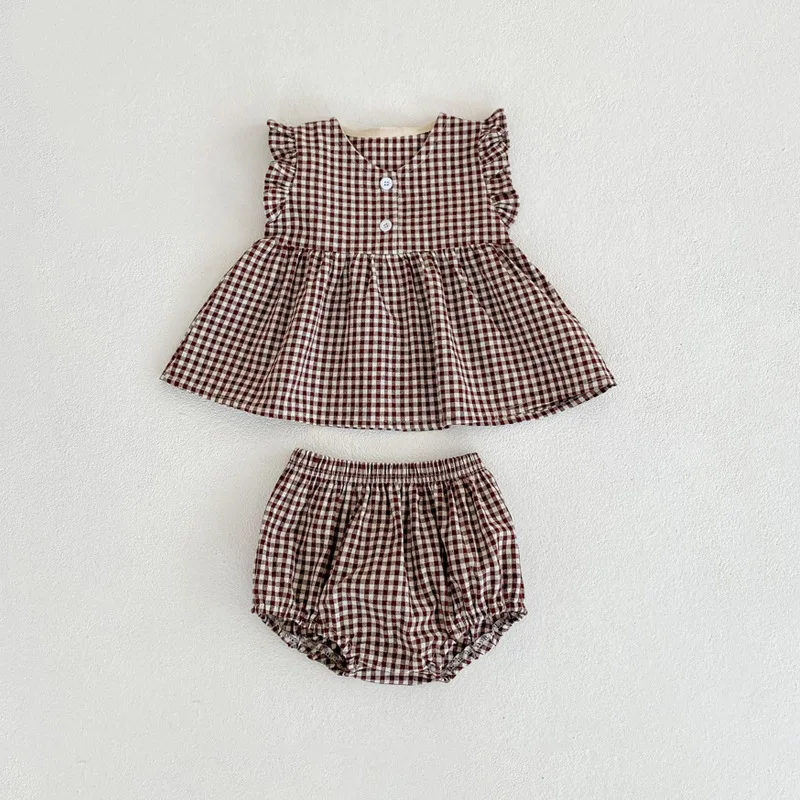 Baby Clothing Set comfotable Summer baby clothes new girls simple plaid short-sleeved T-shirt suit children's baby doll collar top shorts college style suit Baby Clothing Set cheap