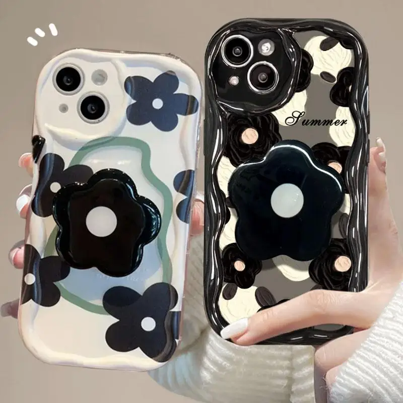 

INS 3D Black Flower Bracket Soft Case For Realme 11 10 5 6 7 8 Pro 7i 5i 6i C55 A77 A57 C21Y C25Y Cover With Stand Holder