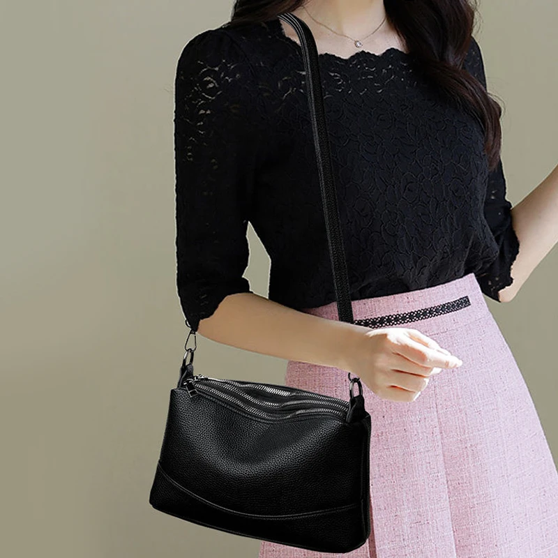 2024 Large Capacity Women's Handbags 3-Layer Zipper Solid Color PU Leather Lady's Shoulder Bags Female Cross Body Handbag