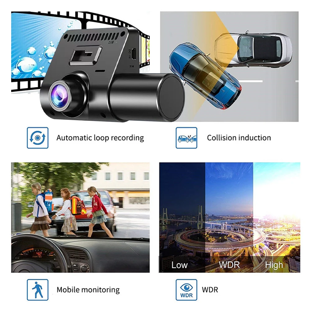 ABS Auto 3 Lenses Dash Cam Loop Recording Battery Powered Rechargeable  Camera