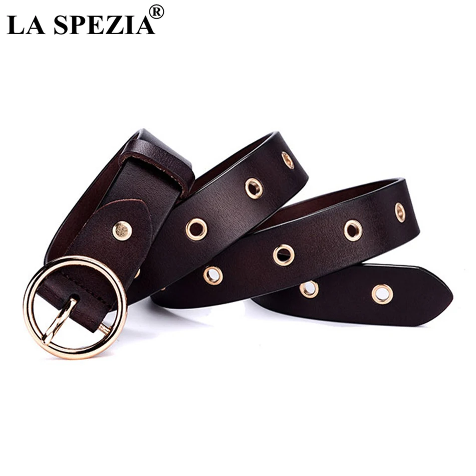 LA SPEZIA Women Belt For Trousers Circle Pin Buckle Leather Belts Female Coffee Vintage Real Leather Cowhide Brand Ladies Belts