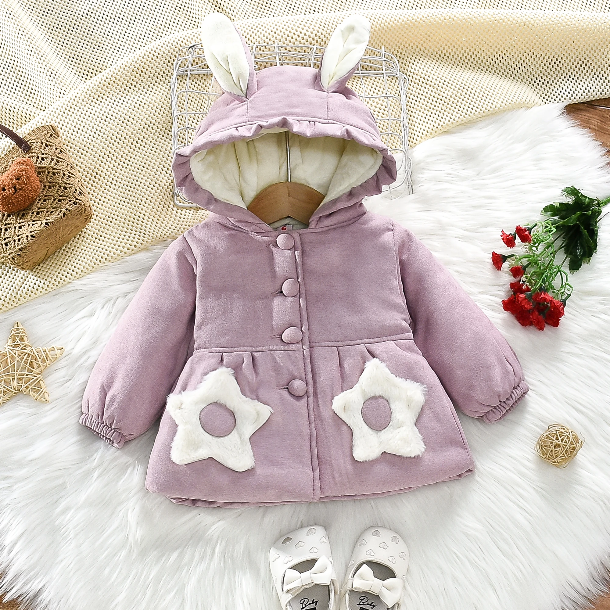 Girl's Cute Cotton Jacket With Star Pockets Hooded Buttons Solid Color Rabbit Ears And Plush Jacket