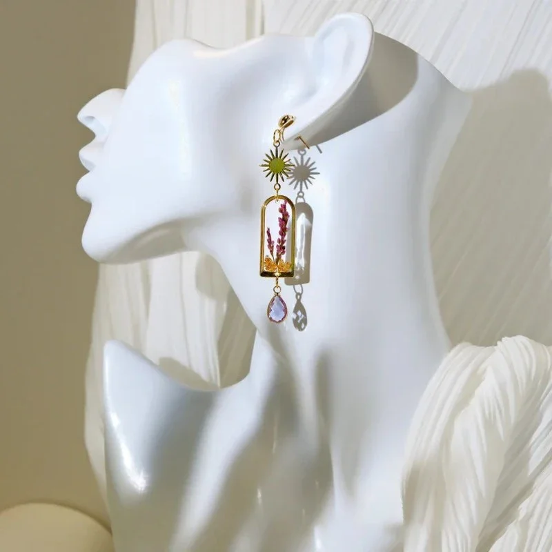 فريدة من نوعها الأقراط زهرة المجففة الطبيعية الأرجواني الخزامى الأقراط اليدوية الايبوكسي الراتنج ضغط زهرة القرط المجوهرات بالجملة